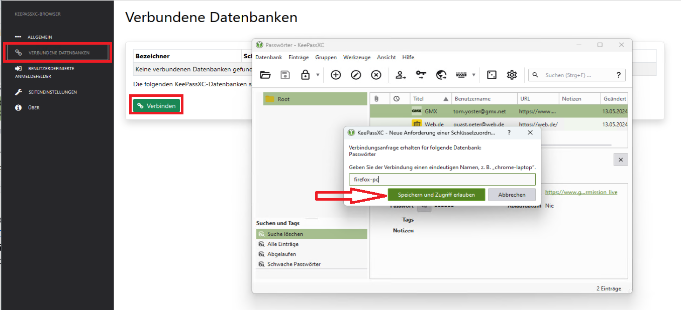 keepassxc connect to db