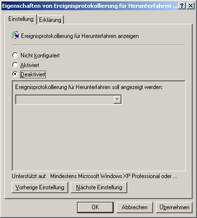 Ereignisprotokollierung fuer Herunterfahren soll angezeigt werden